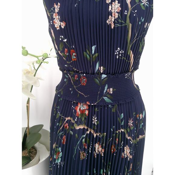 Nanette Lepore Navy Floral Sleeveless High Neck Pleated Smocked Dress Size 12 - Picture 3 of 9